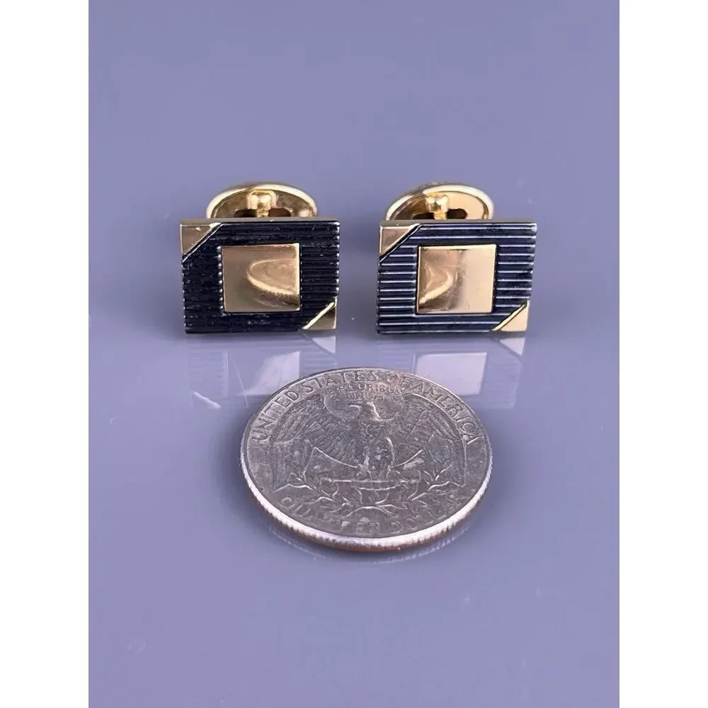 Square Lined Cufflinks Gold Tone Black Triangles Simple Pierre Cardin Vintage